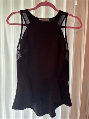 Black Peplum Mesh-Panel Women’s Top